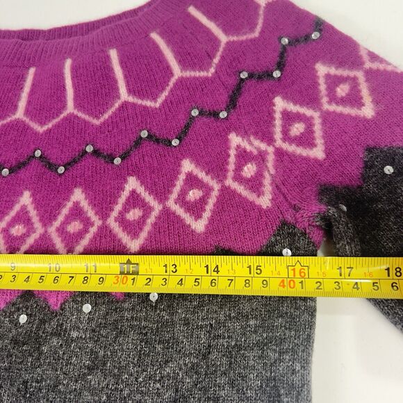 Vtg Wool & Angora Fair Isle Sweater Sz PS Pink Charcoal Gray Sequins Ultra‎ Soft - Picture 10 of 14